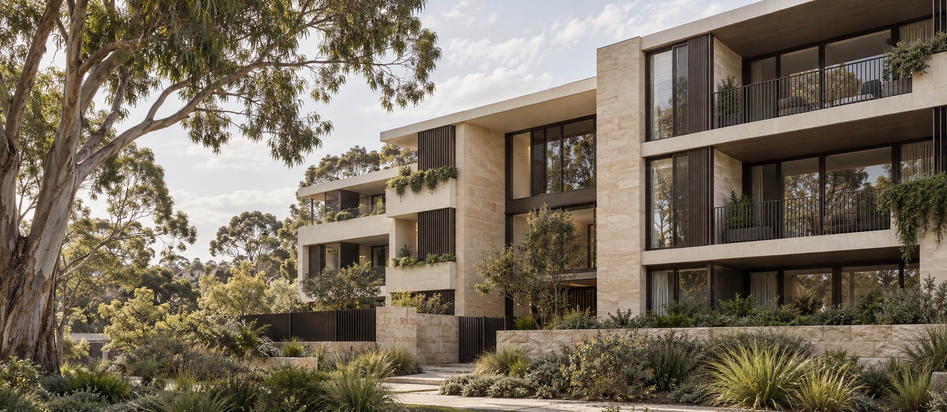 Conceptual view of a contemporary Australian residential development in pale stone, set among native landscaping.