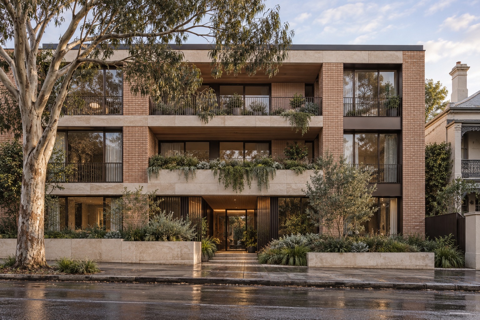 Conceptual Melbourne infill development combining warm brick, pale stone and a landscaped street frontage.